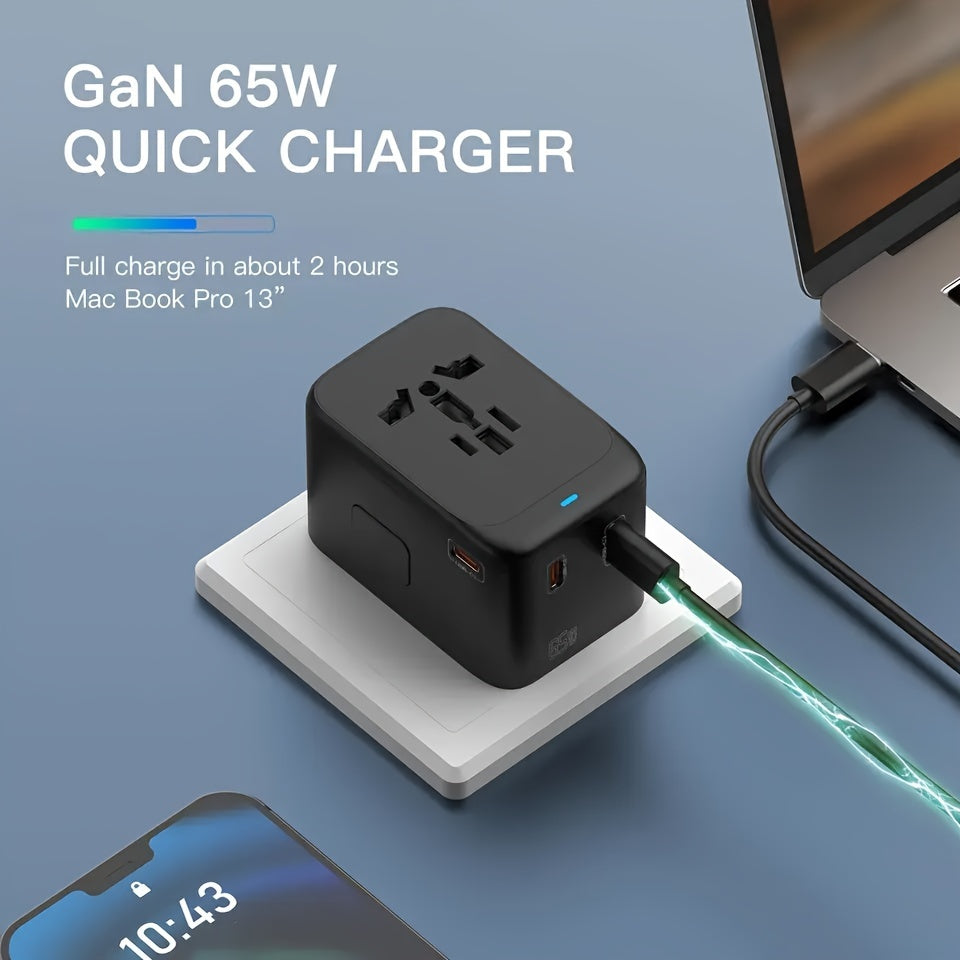 Международная дорожная розетка 65 Вт GaN III Быстрая зарядка с 1 USB-A и 3 USB-C портами Универсальная совместимость
