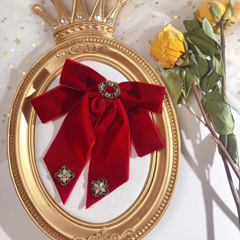 Elegant Velvet Bow Tie Brooch Pin with Rhinestone Accents - Perfect accessory for dress uniforms and formal wear