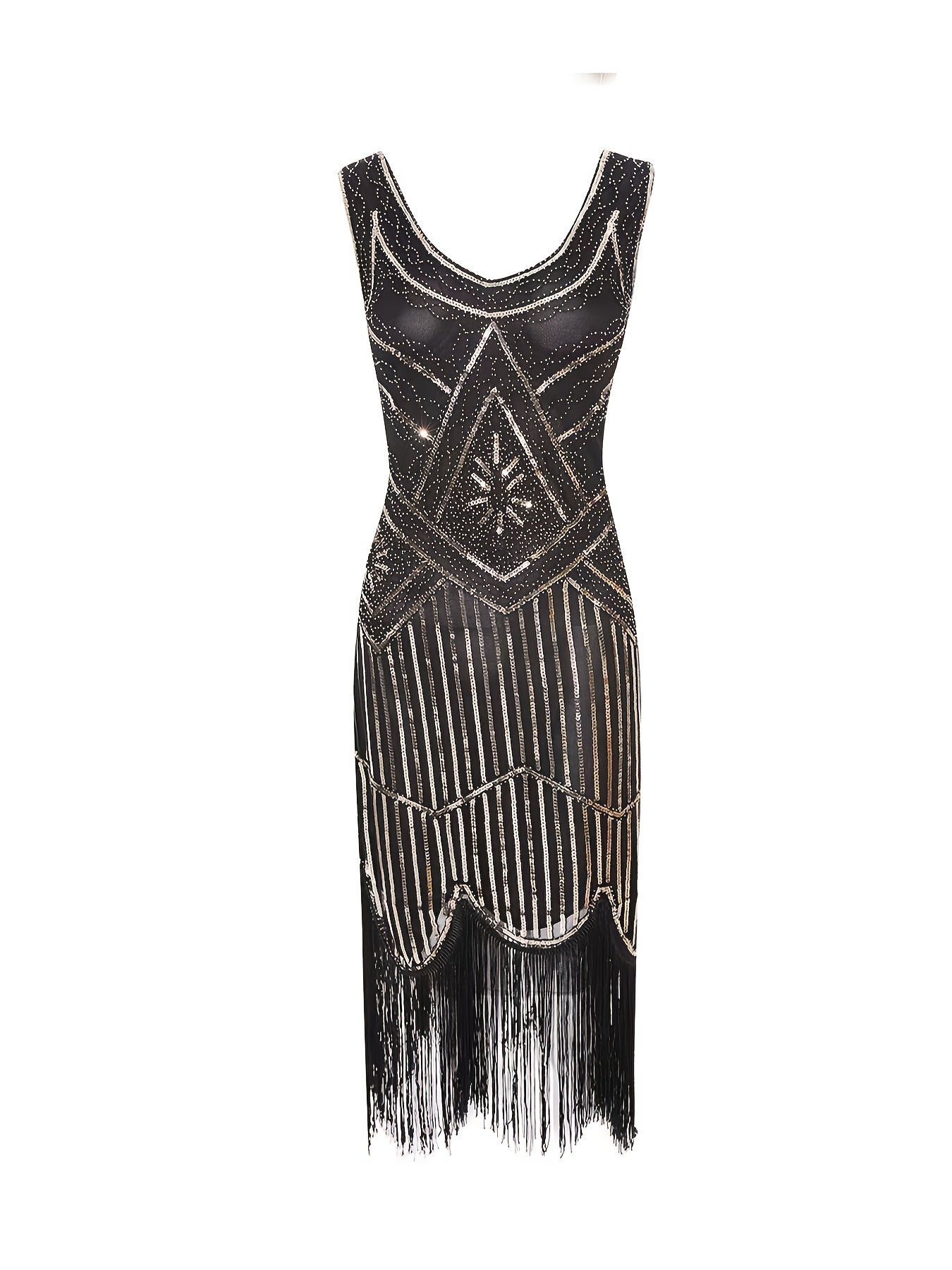 Women's Beaded V-Neck Sleeveless Wedding Dress Black Geometric Embroidery