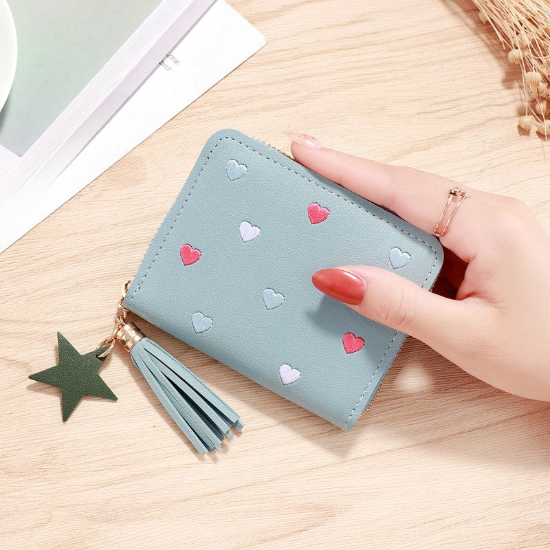 1 dona Honey Girl ayollar uchun hamyon, tassel fermuarli tangalar sumkasi, kredit karta joylari, ingichka moslashuv, PVC sun'iy charm, qora/gray/qizil tasodifiy print dizayni.