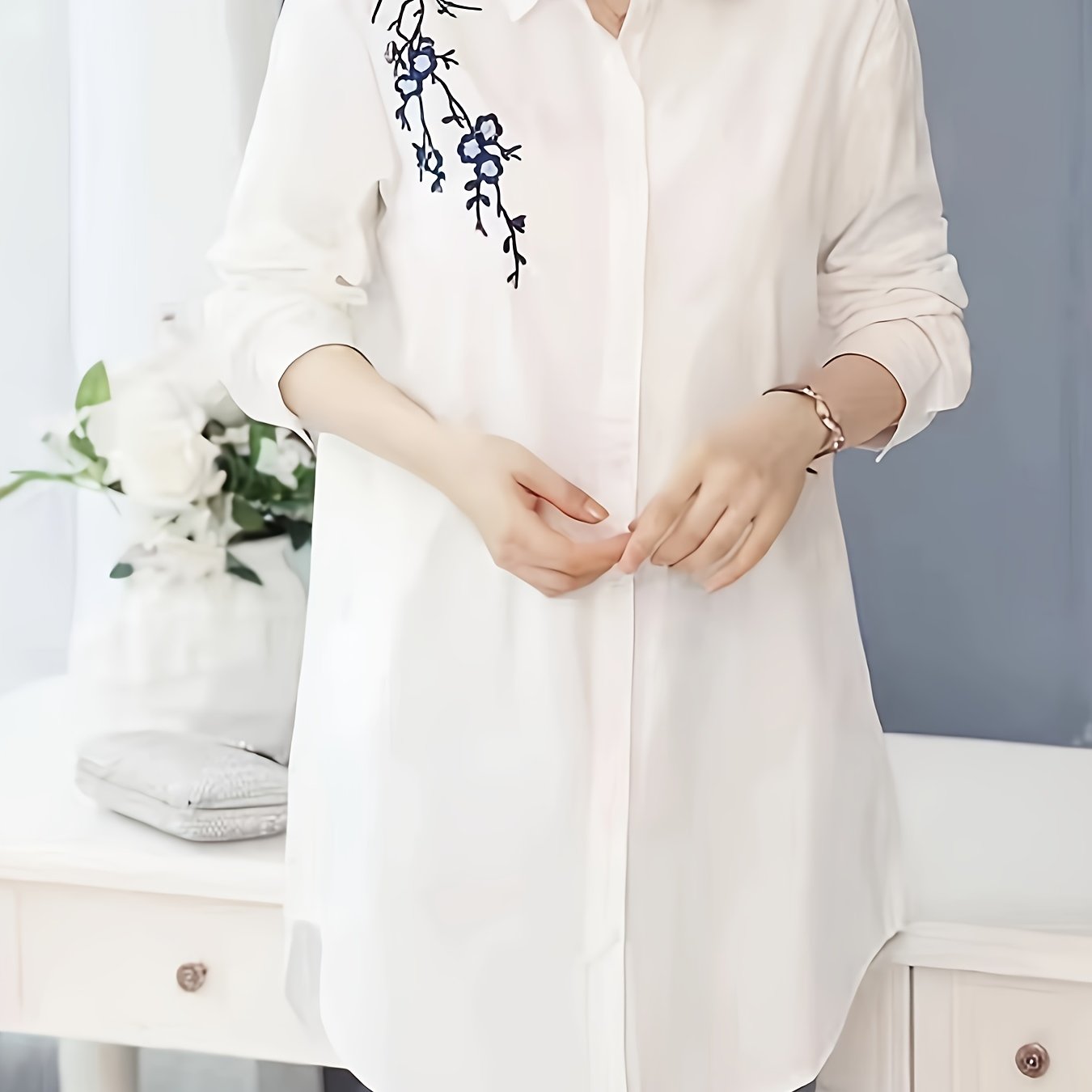 Women's White Polyester Blouse with Floral Embroidered Design for Spring Summer Fall