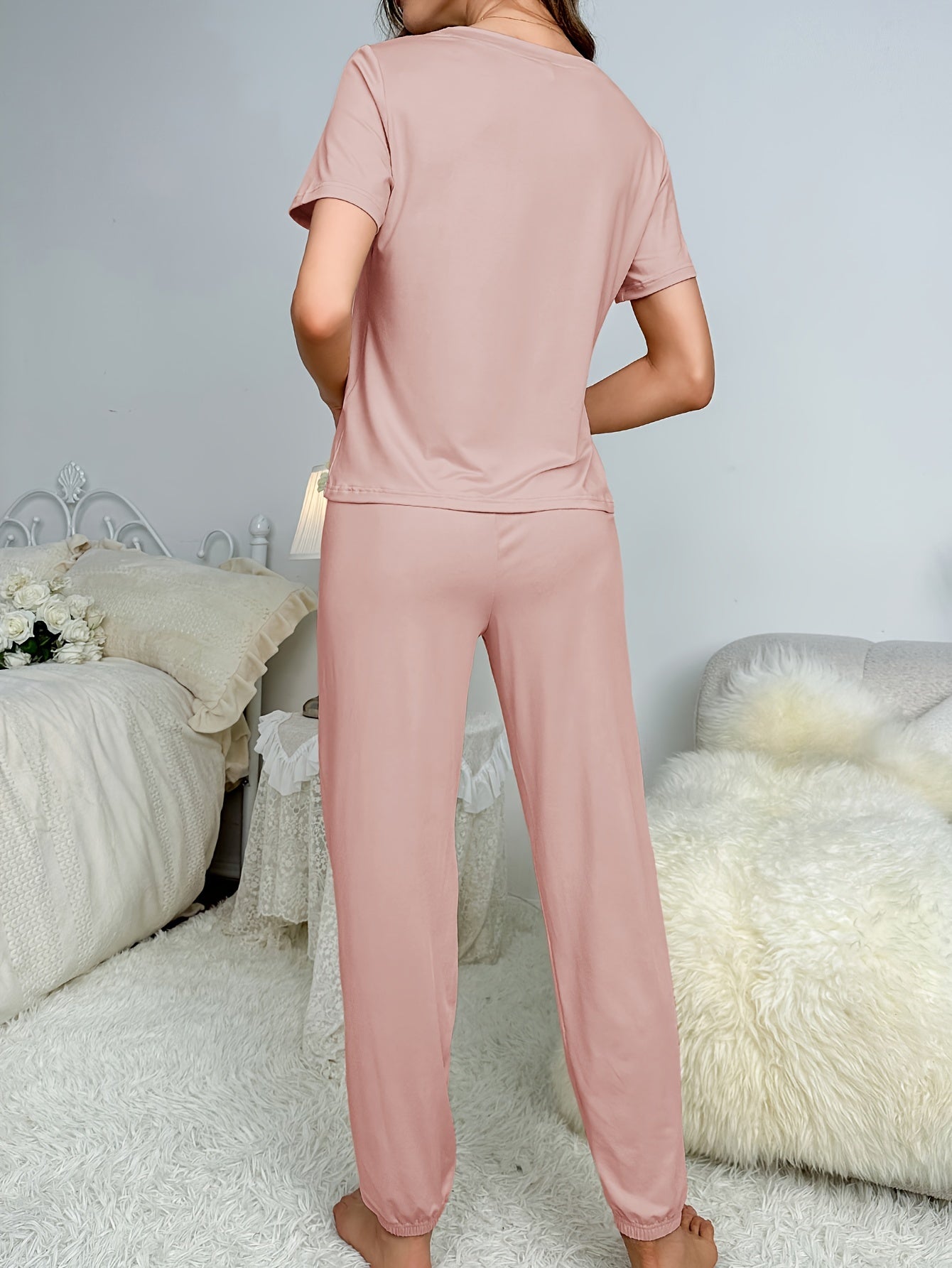 Women's Summer Lounge Set Short Sleeve Top Elastic Drawstring Pants Solid Color Knit Fabric