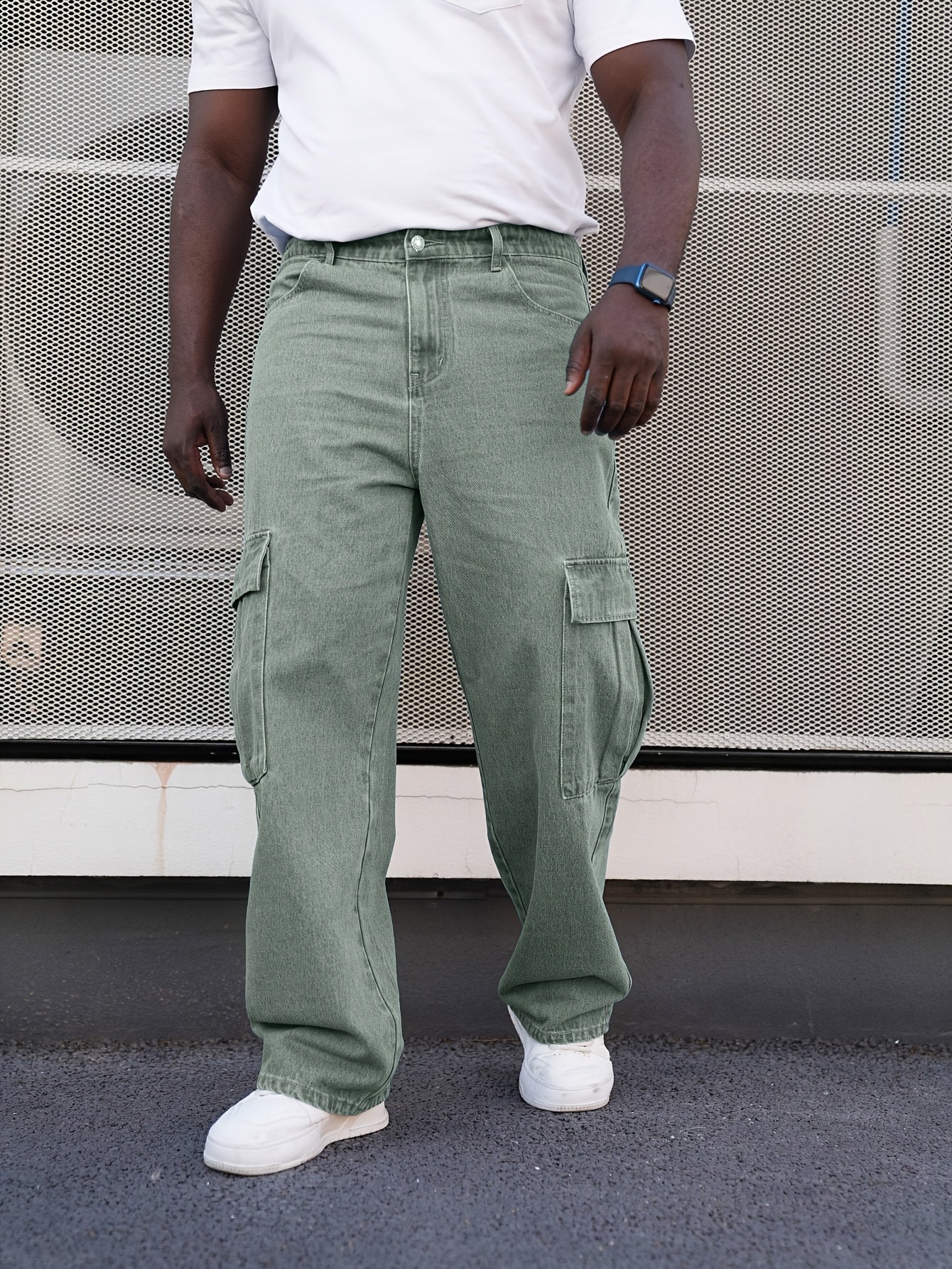 Erkaklar uchun Plus Hajm Cargo Jinslar, erkin fit, ko'p cho'ntakli, to'qilgan mato, barcha mavsum uchun