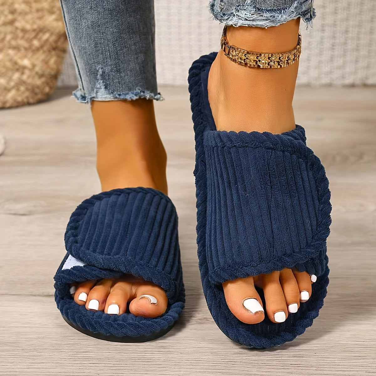 Unisex Striped Fabric Slip-On Slippers Soft Cushioned Non-Slip Rubber Sole