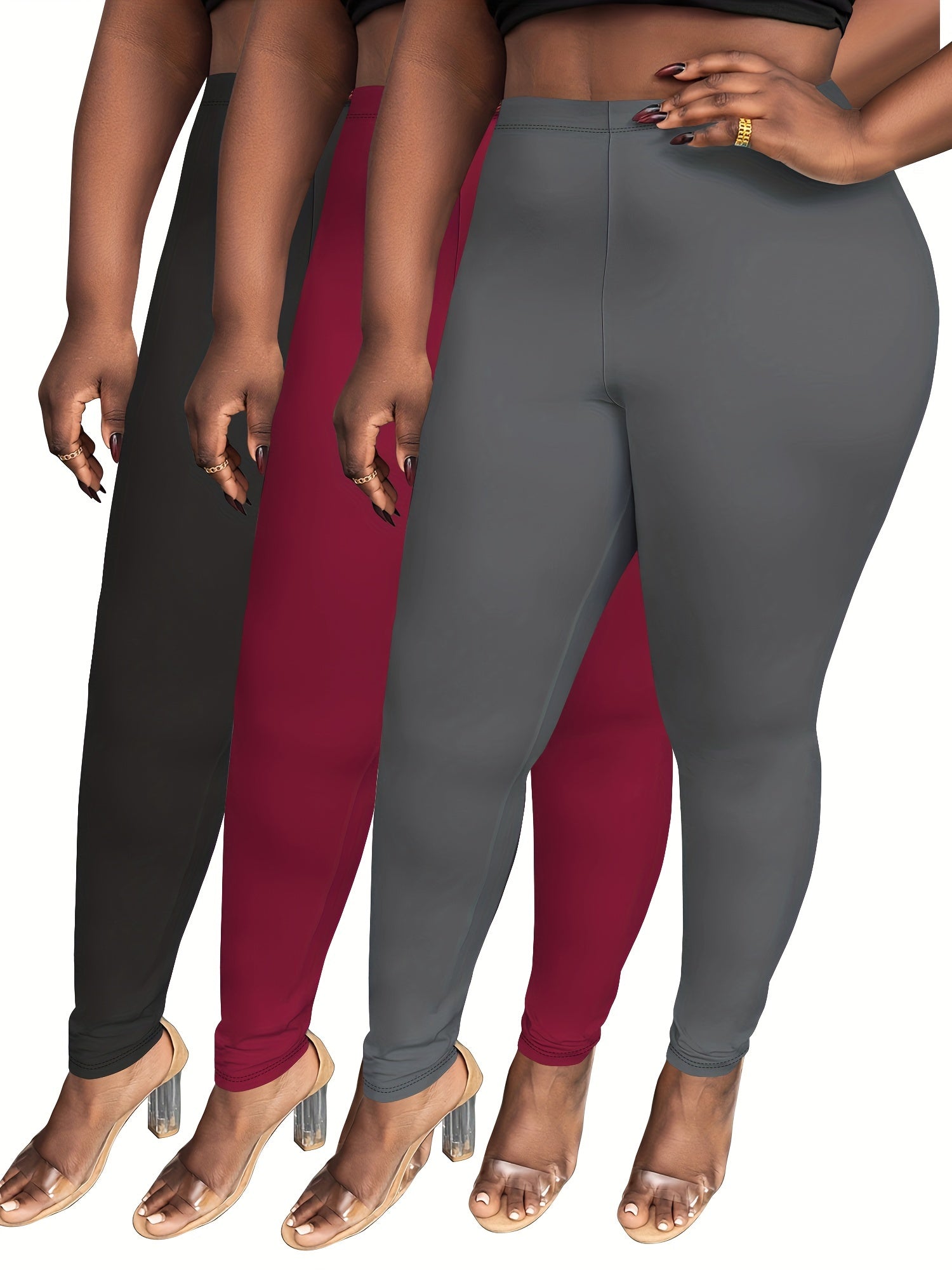 Plus Size Women's Solid Color Skinny Leggings 3 Pack High Waist Stretch
