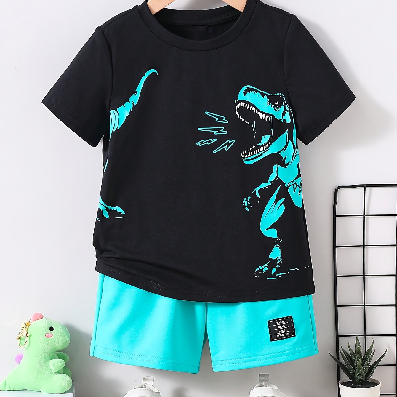 Boys' Dinosaur Print T-Shirt and Shorts Set Polyester Blend Summer Casual Kids 12 and Under