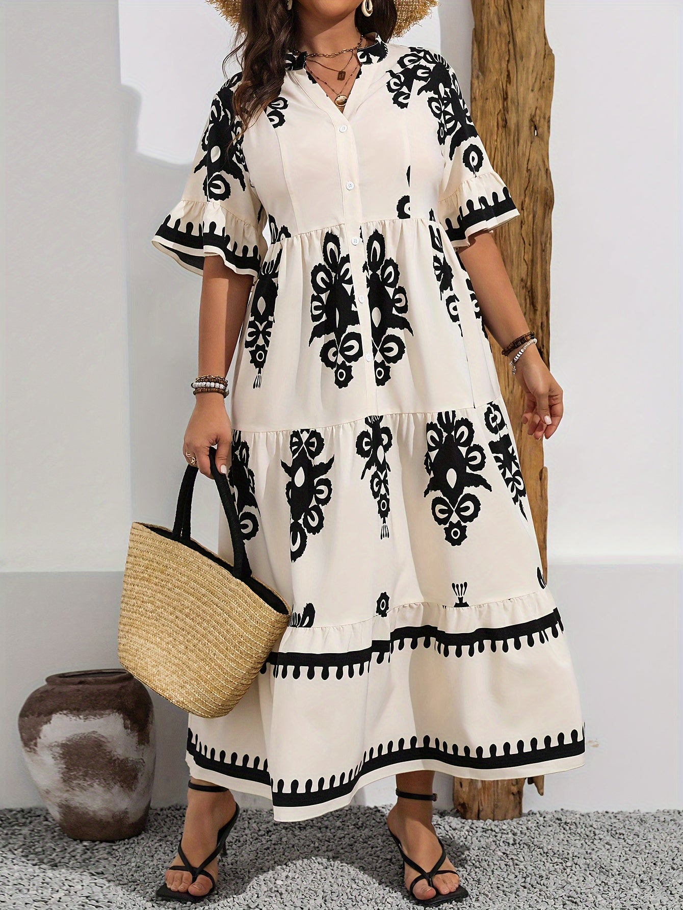 Floral Print Maxi Dress with Ruffle Sleeves for Spring Summer Polyester Blend