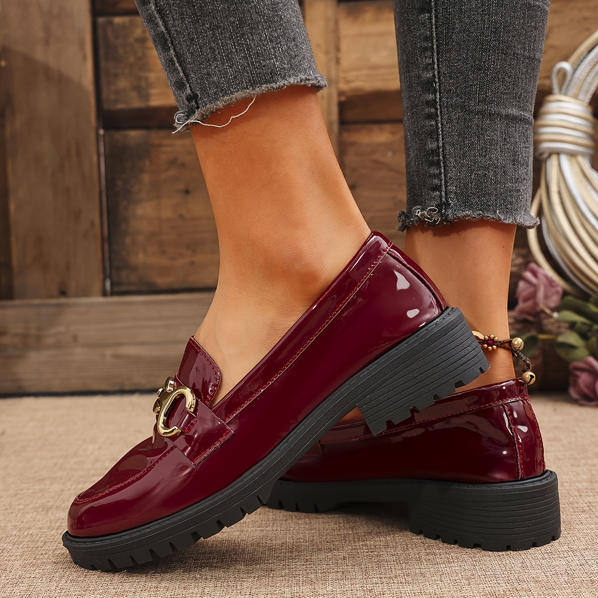 Women's Glossy Red Synthetic Penny Loafers Slip-On Shoes with Cushioned Sole