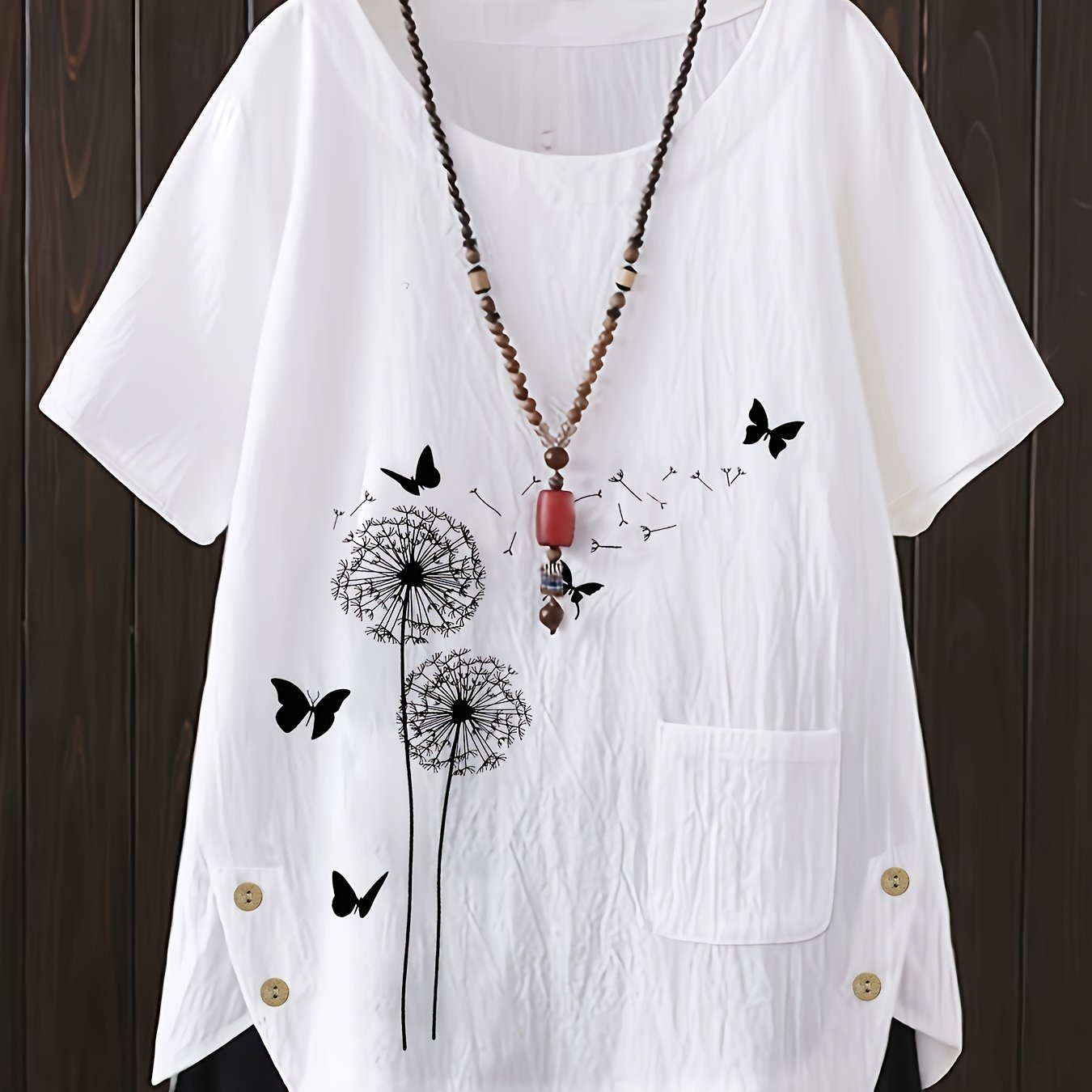 Women's Cotton Linen Floral Shirt with Button Details and Round Neck