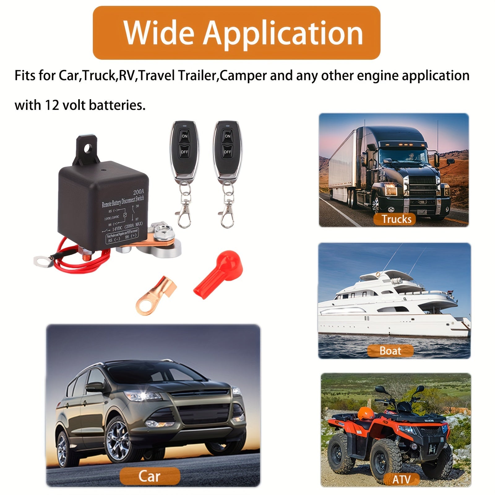 12V DC Battery Disconnect Switch for Cars Trucks Black Negative Wire 200A