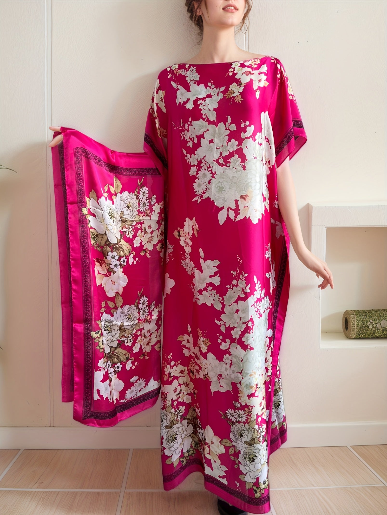 Платье макси большого размера с цветочным принтом и шарфом, свободный крой, длинные рукава, универсальный сезон