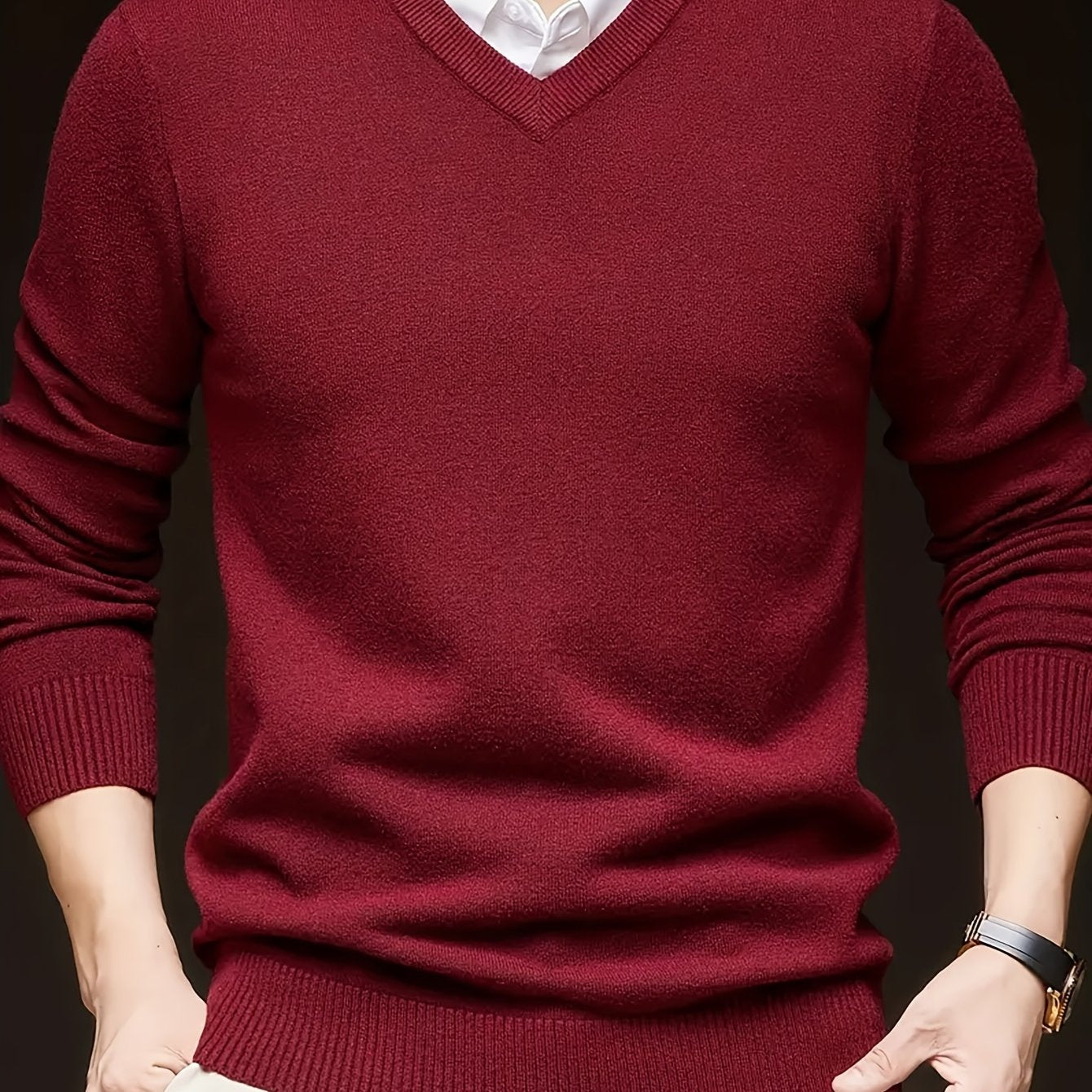 Men's Solid Color V-Neck Knit Sweater Long Sleeve Casual Pullover