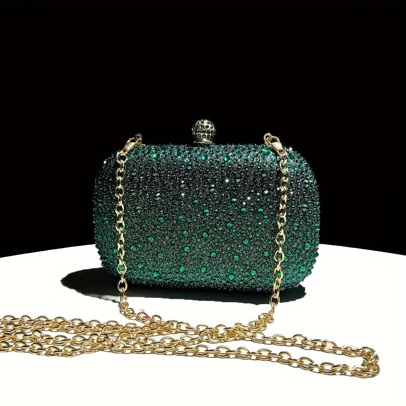 Emerald Green Handbag with Gold Chain Rhinestone Evening Bag for Formal Events