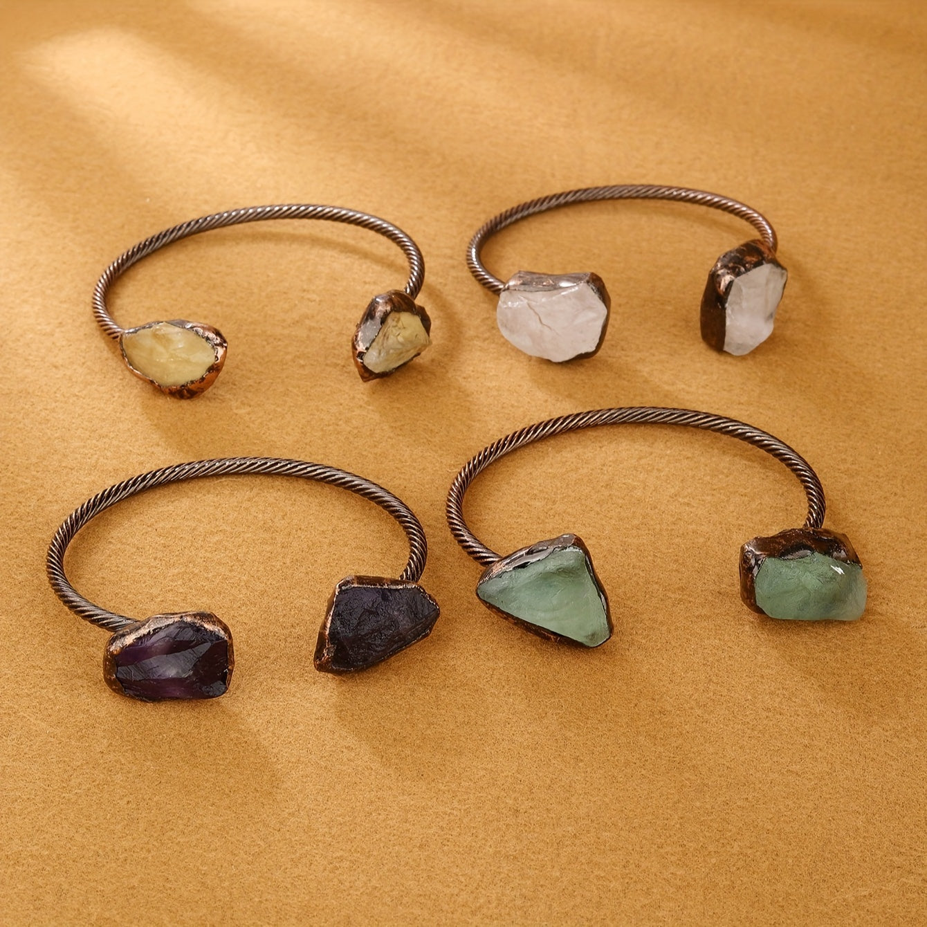 Vintage Bohemian Copper Bracelet with Amethyst Citrine and White Crystals for Women