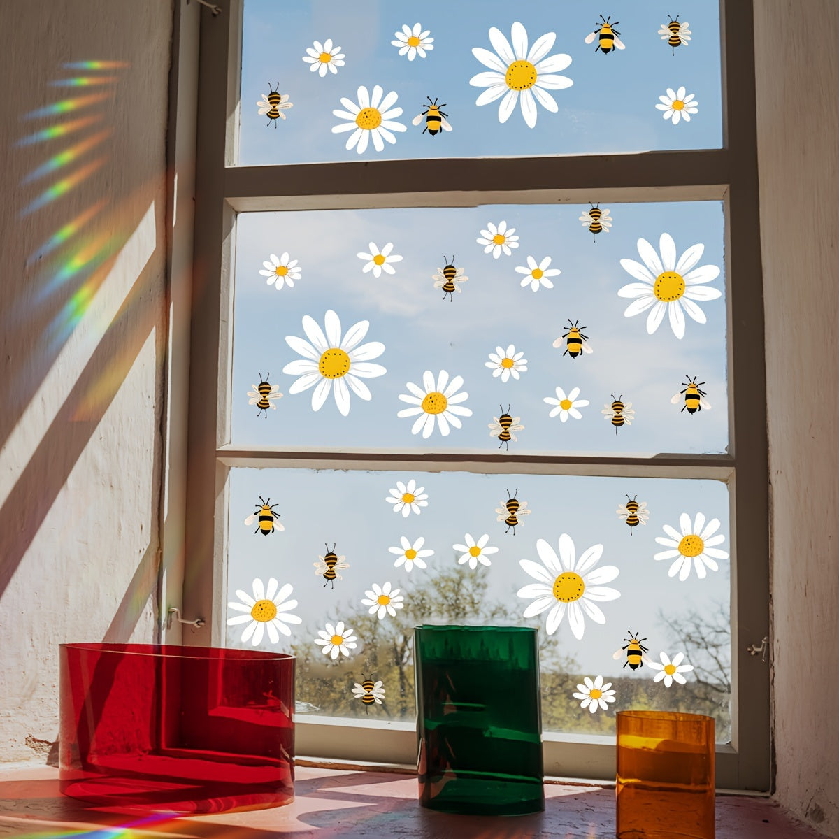 Contemporary Daisy and Bee Window Stickers Set of 3 Self-Adhesive PVC Decals