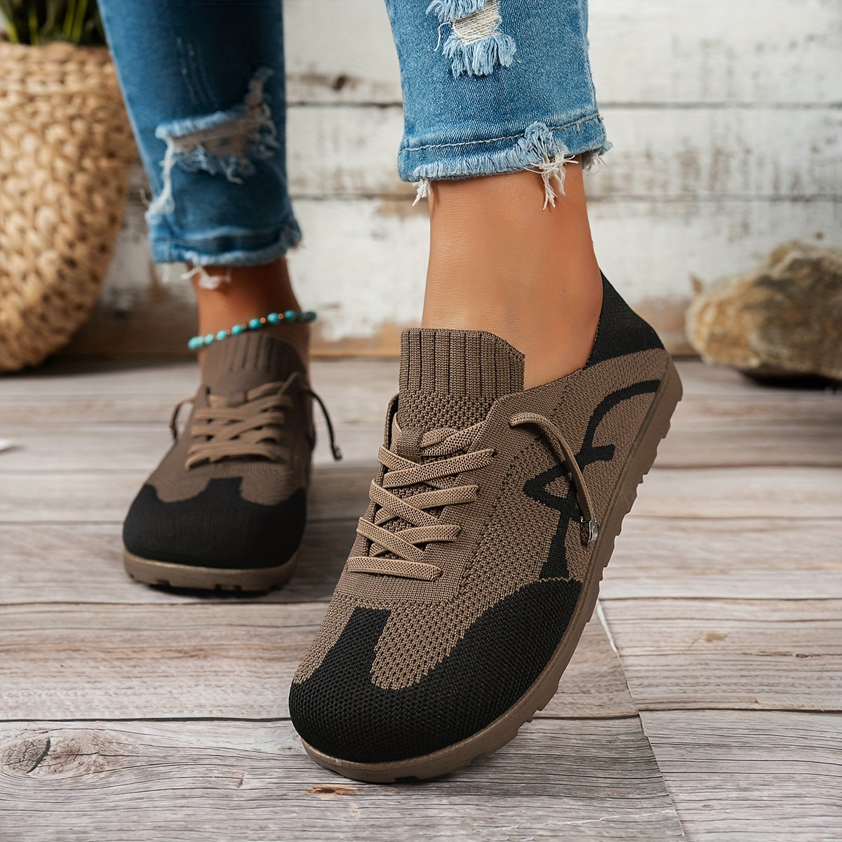 Women's Casual Slip-On Flats Knit Fabric with PVC Outsole Black Beige