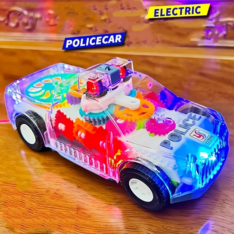 Juguete de coche eléctrico para niños con luces, música, engranaje transparente, diseño de policía