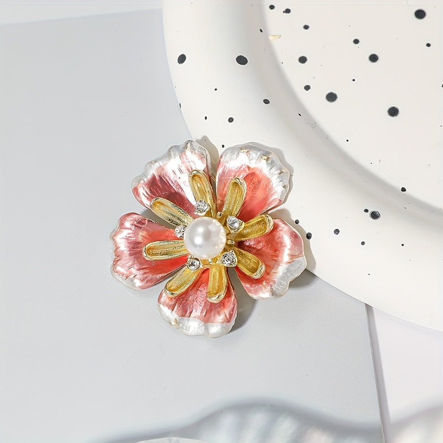 Enamel Flower Brooch with Pearl and Rhinestone Details Elegant Alloy Floral Pin for Women