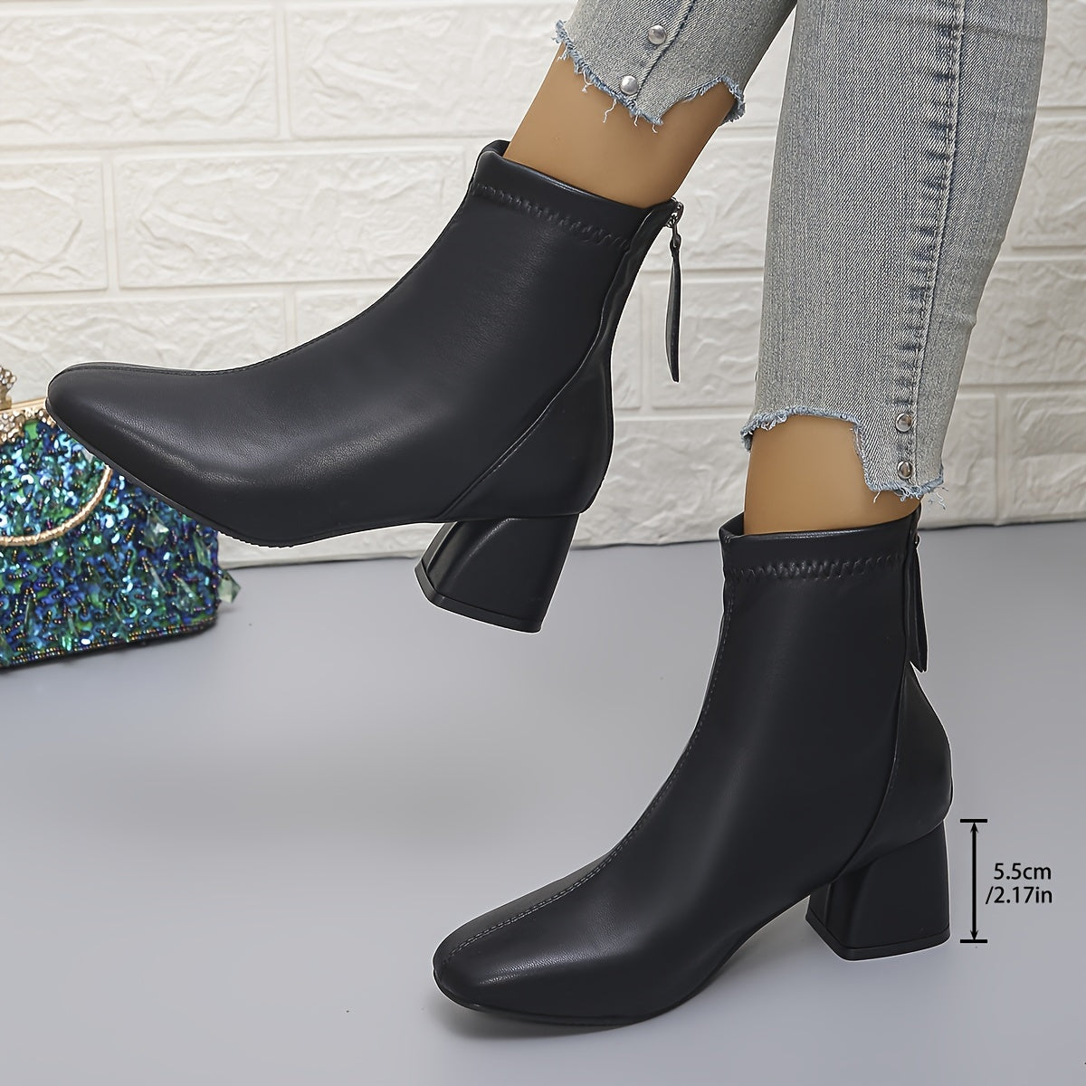 Women's Chunky Heel Ankle Boots Solid Color Back Zipper Rubber PU