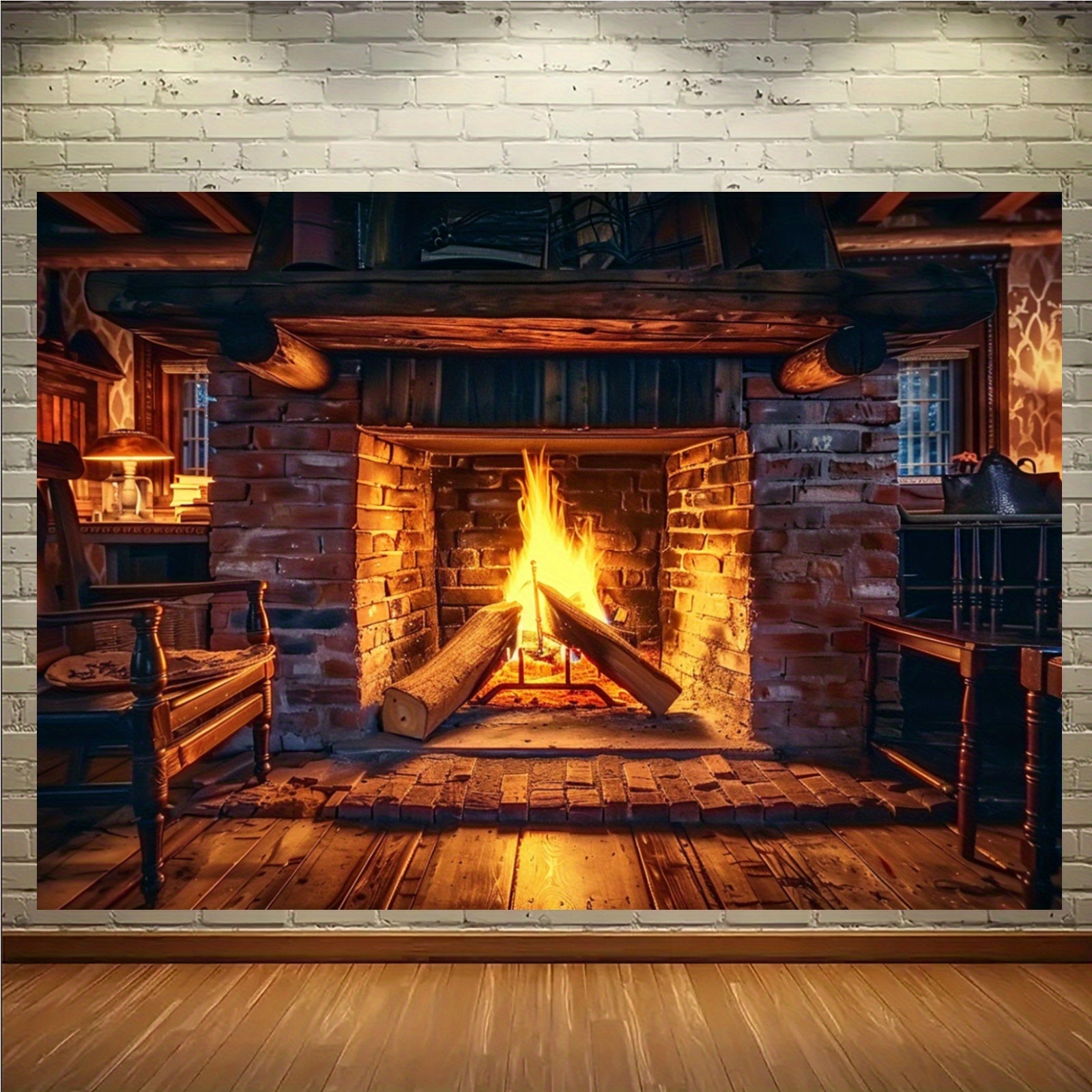 Realistic Fireplace Polyester Backdrop with Burning Wood Design in Multiple Sizes