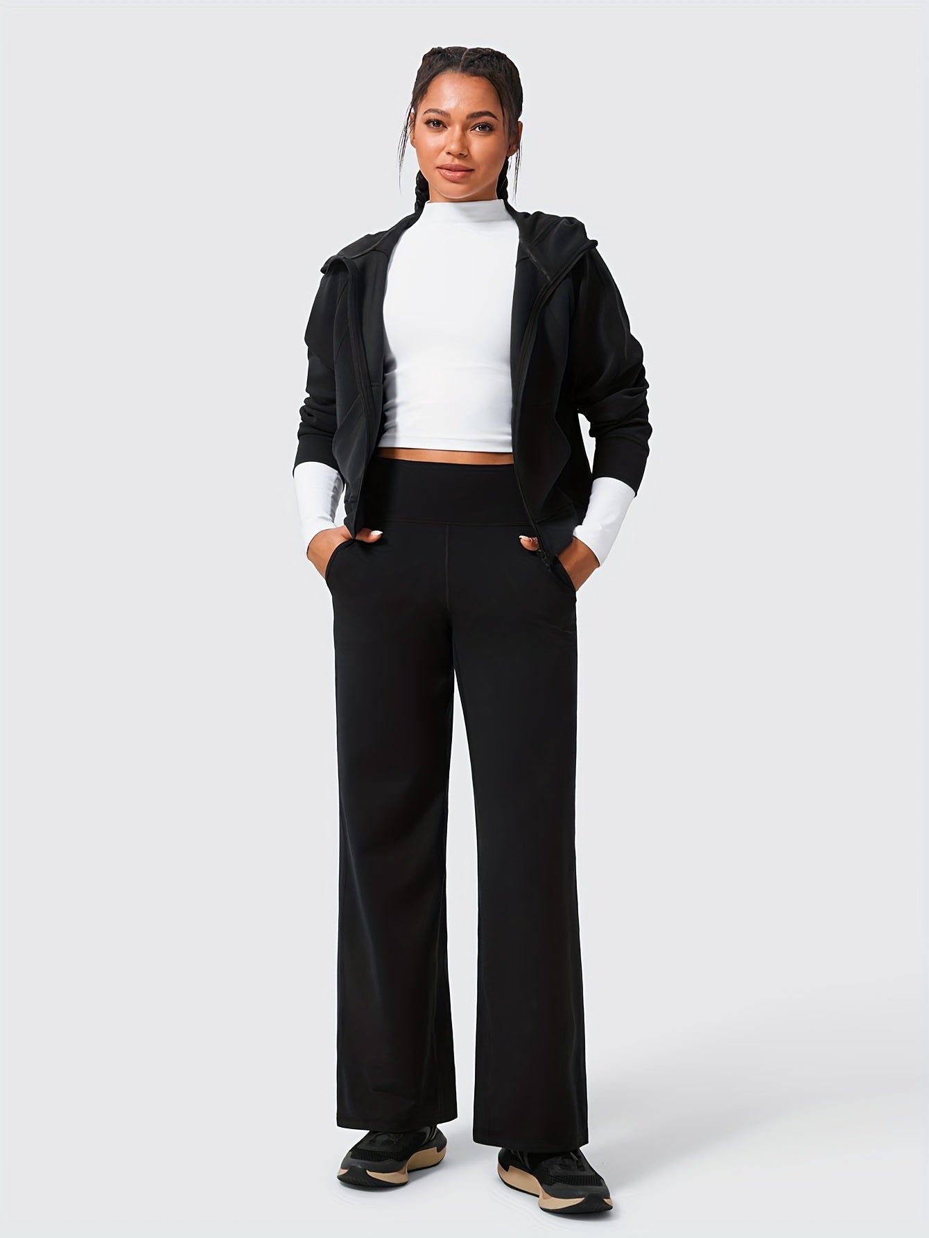 Women's Plus Size High-Waist Stretchy Wide-Leg Joggers with Pockets Gray