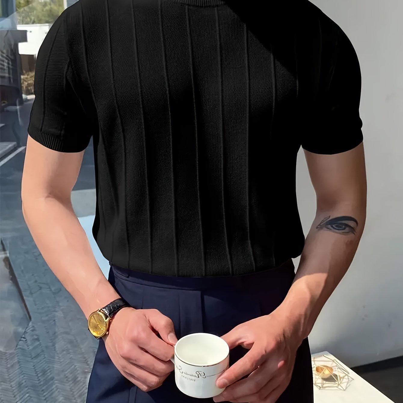 Men's Cotton Ribbed Knit T-Shirt Short Sleeve Crew Neck Striped Summer Casual