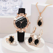 Women's Jewelry Set of 5 Shiny Rhinestone Quartz Watches and Bracelets Made of PU Leather