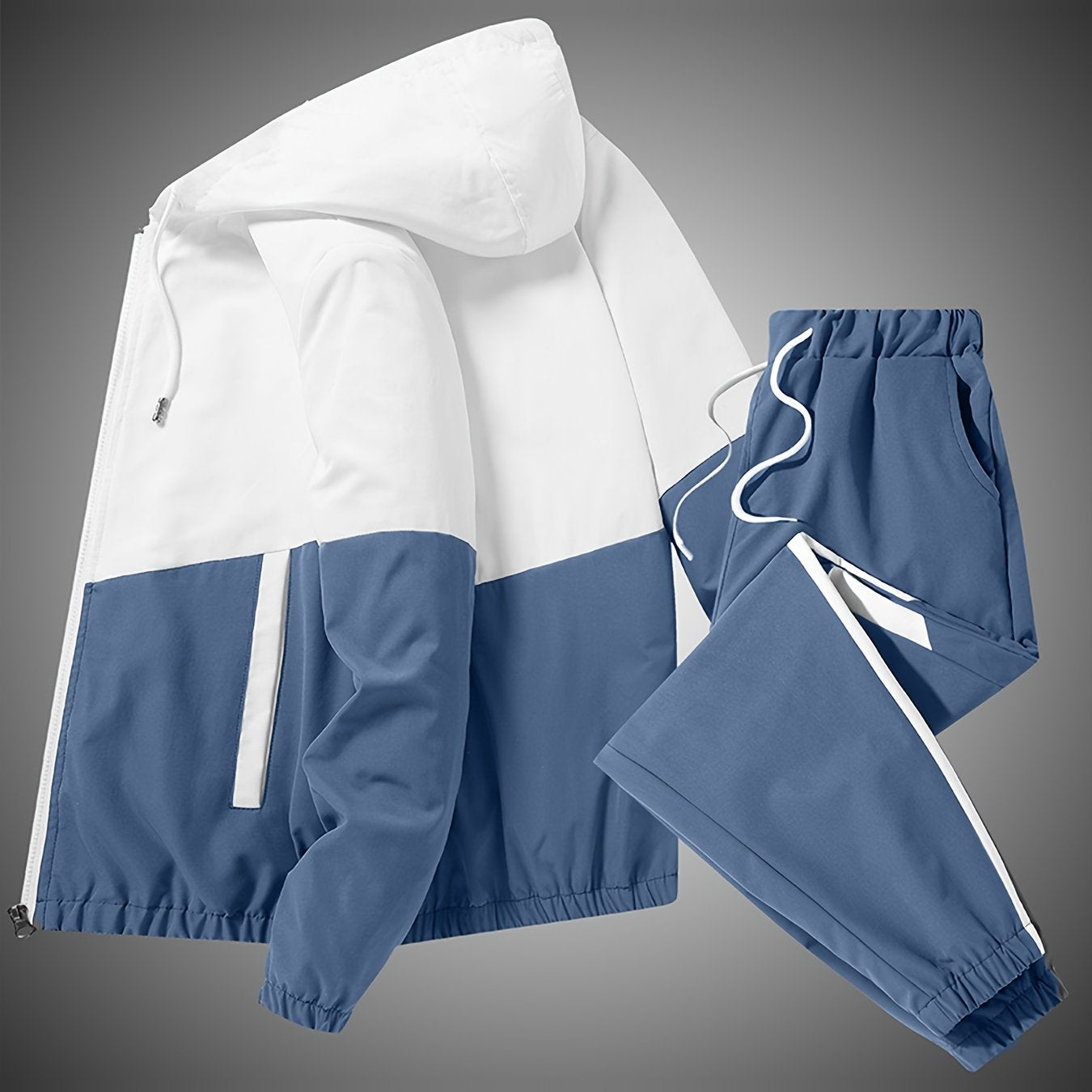 Men's Polyester Sportswear Set Hooded Jacket and Long Pants Solid Color Loose Fit Spring Fall