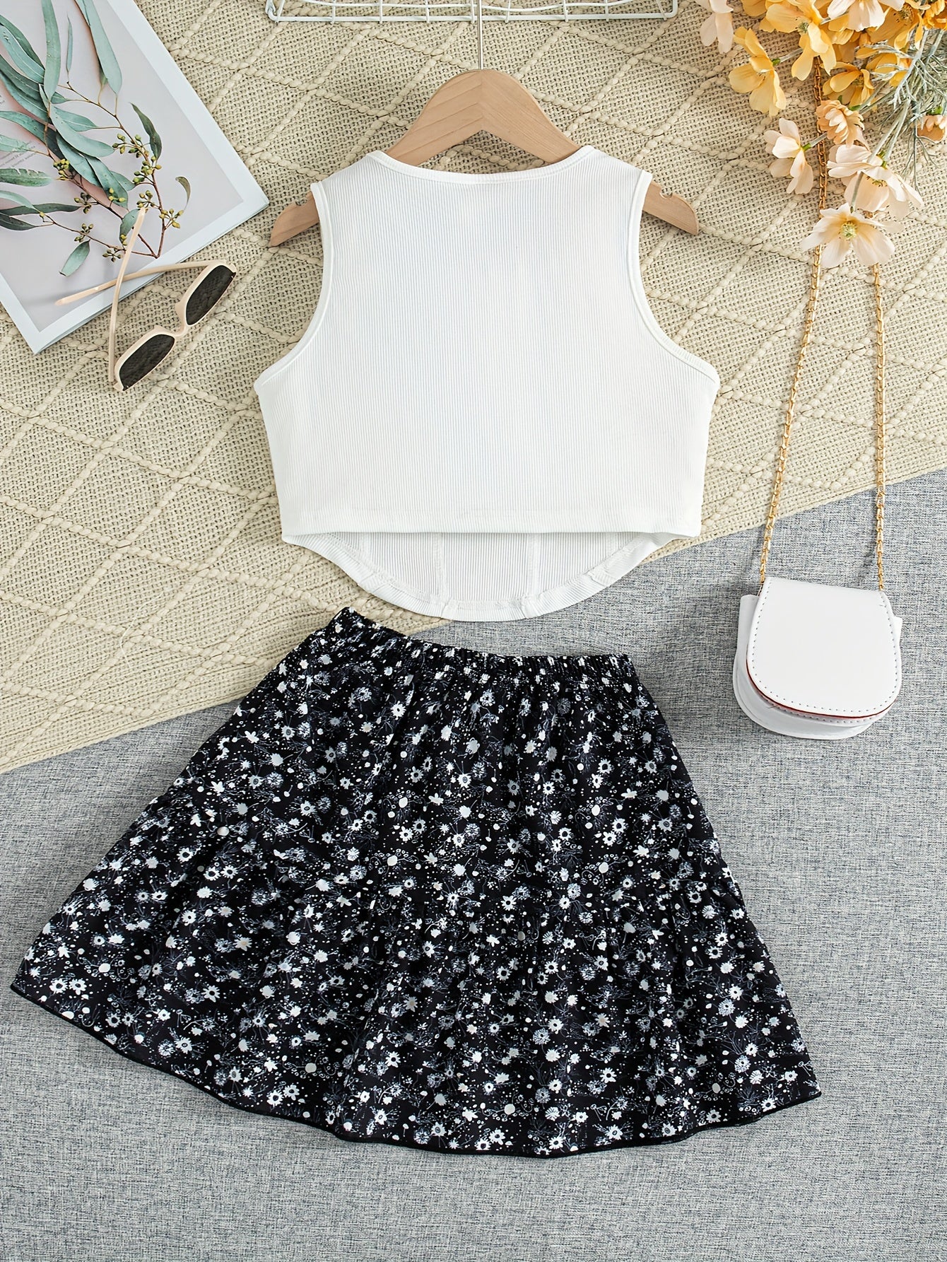 Girls Summer Casual 2-Piece Set Sleeveless Knit Top Ditsy Floral Skirt Polyester Elastane