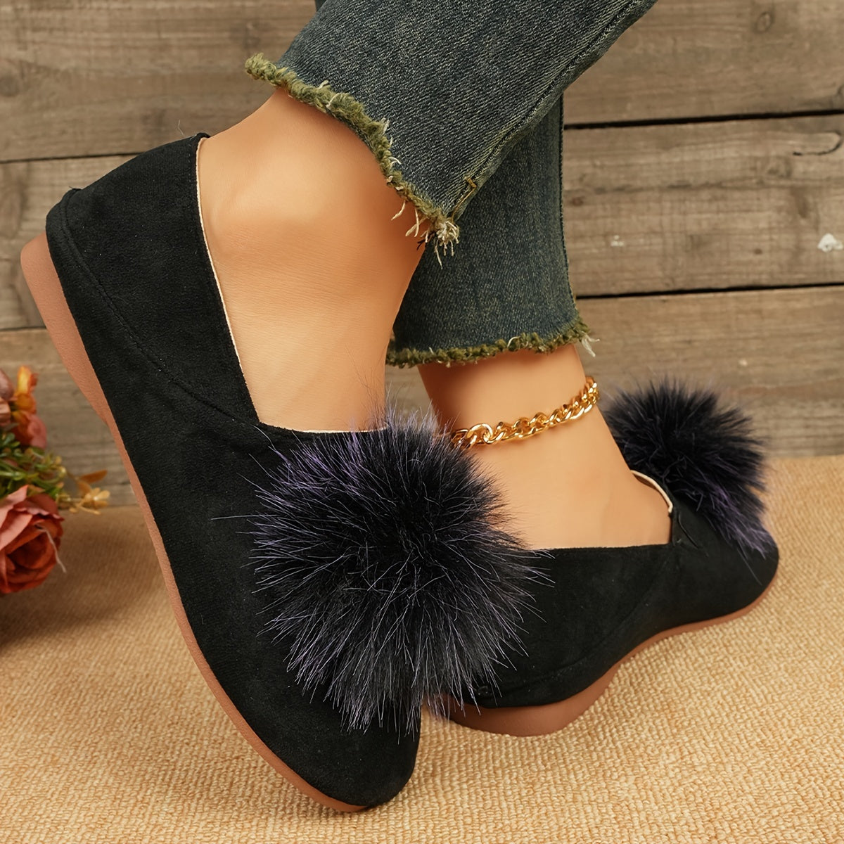 Women's Casual Flats with Pom Poms Solid Color Slip-On Shoes