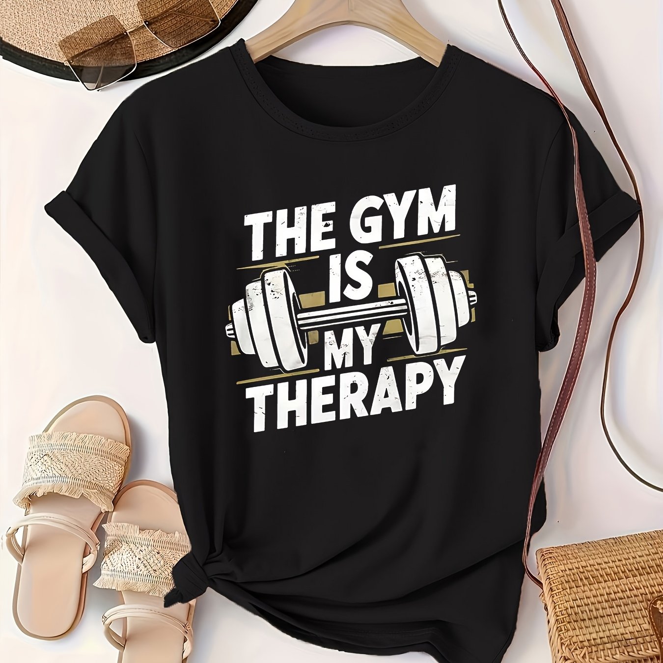 Plus Size Women's Short Sleeve Gym T-Shirt with Dumbbell Graphic Black Casual Sportswear