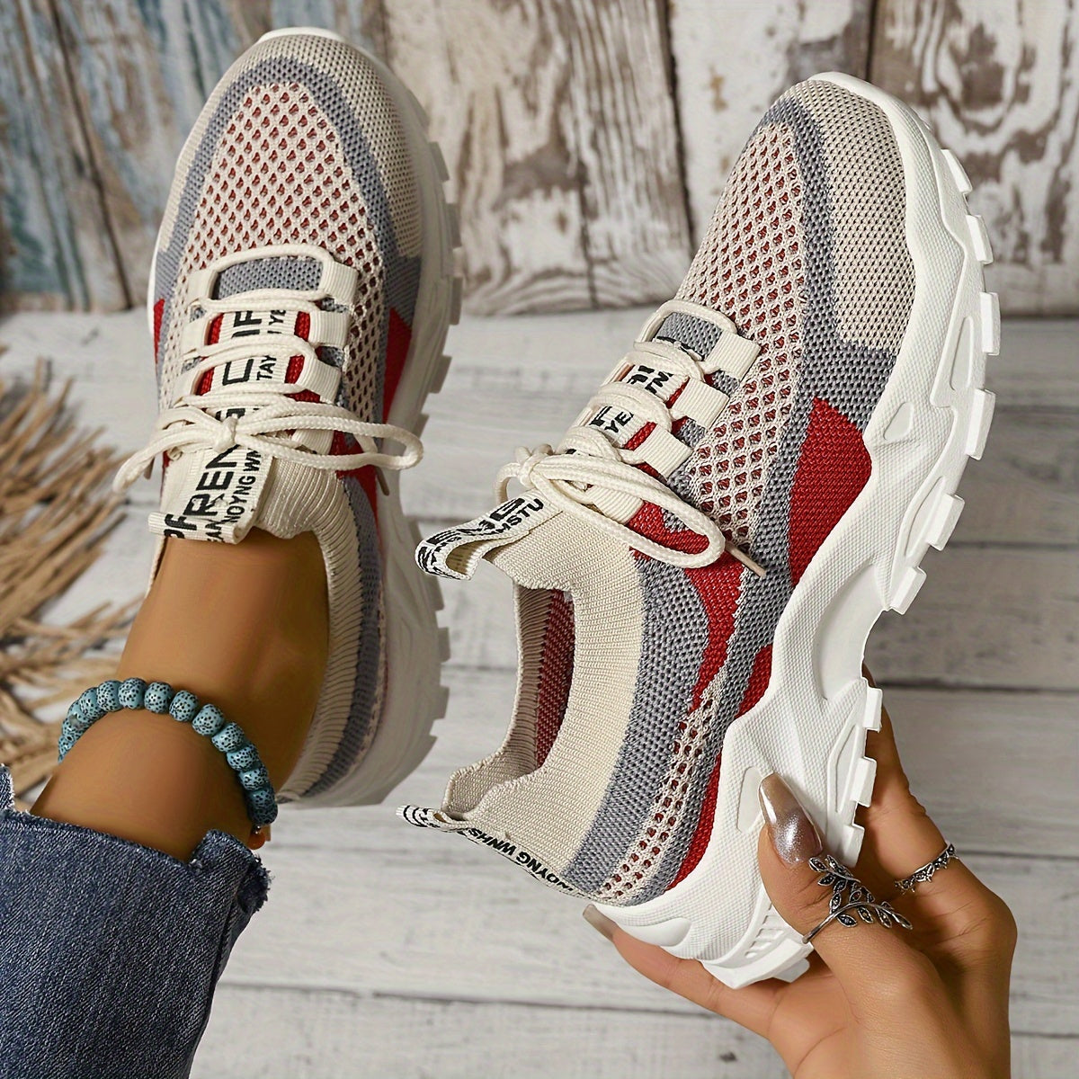 Women’s Color-Block Woven Sneakers Breathable Fabric Lightweight Running Shoes