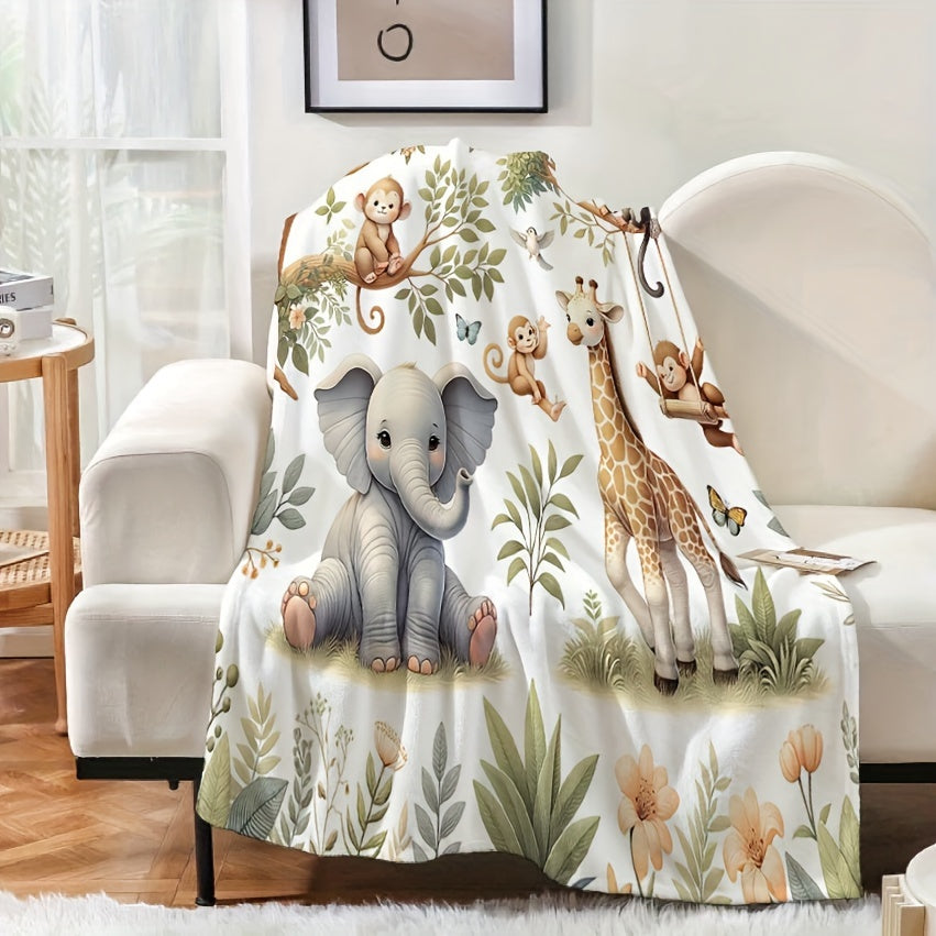 Soft Flannel Throw Blanket with Animal Designs Elephant Giraffe Monkey Cozy Plush for Couch Bed Travel