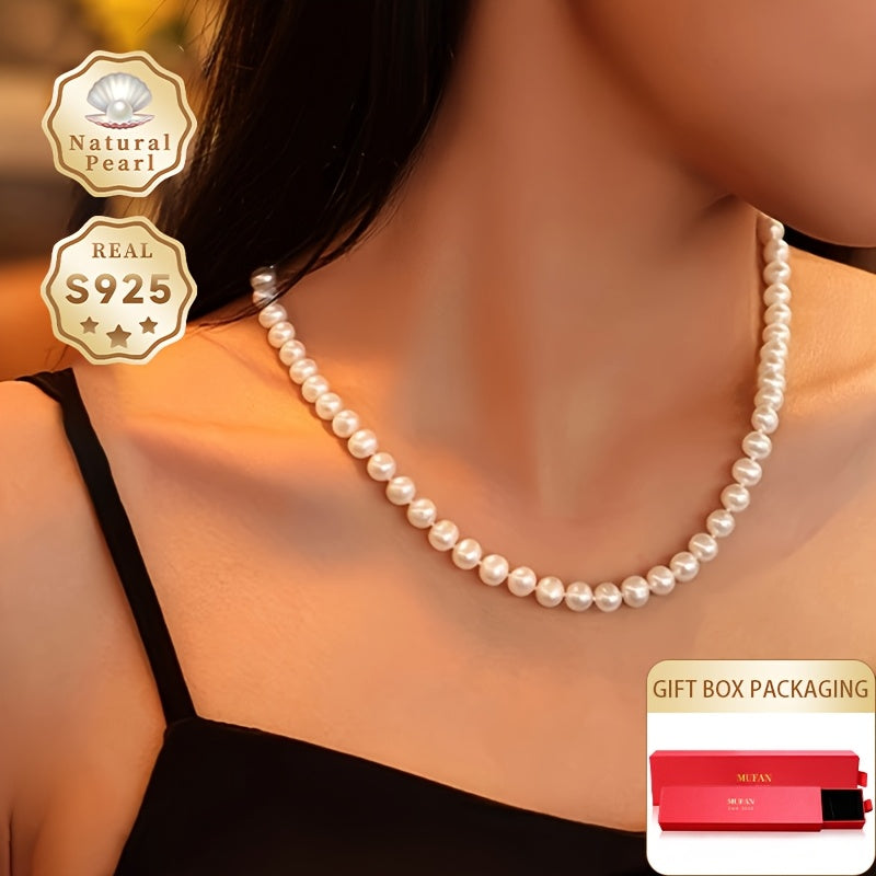 Silver Freshwater Pearl Necklace for Women 7-8mm Lustrous White Pearls Gift Box