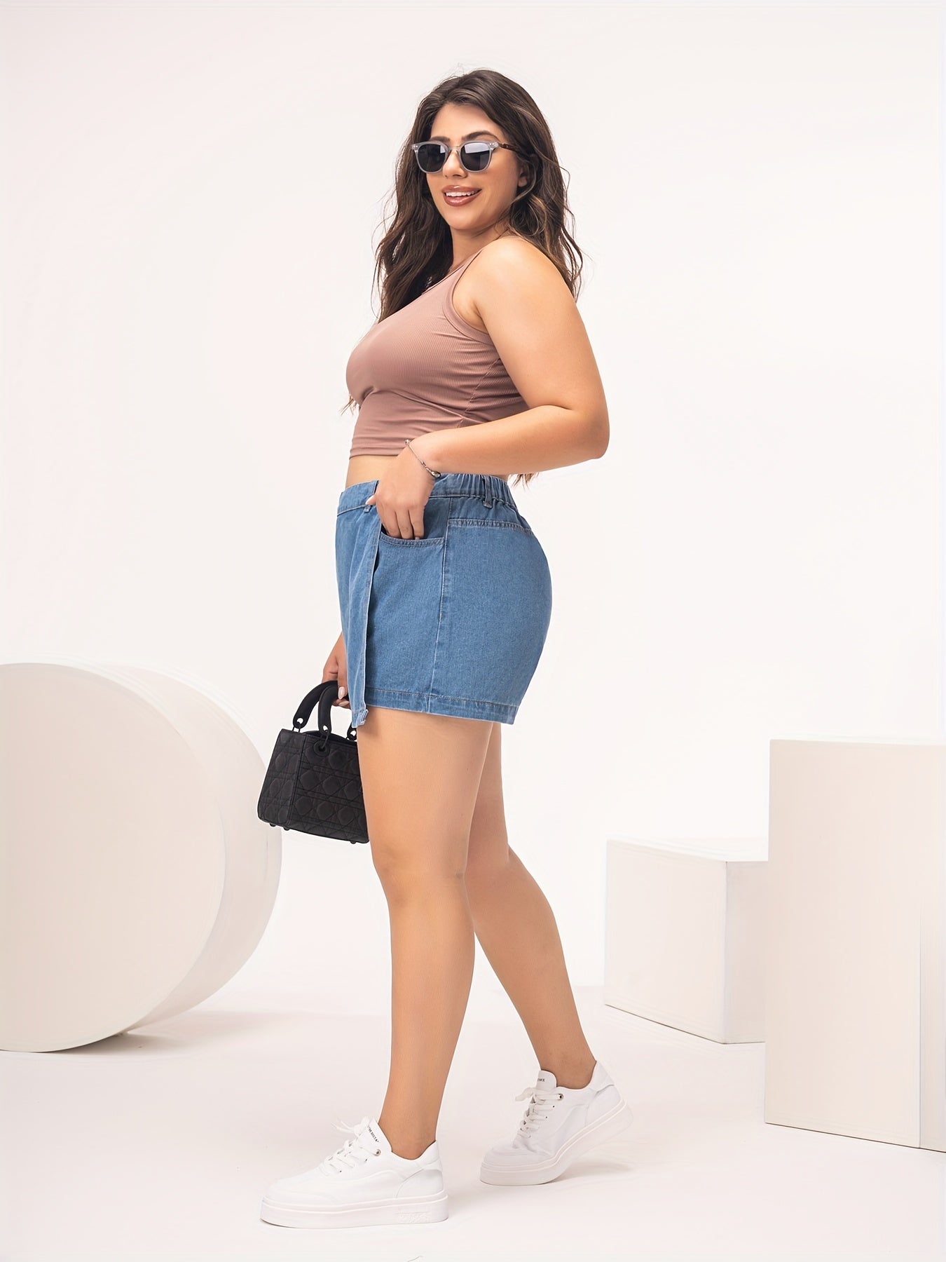 Women's Light Blue Denim Skort Casual Style Flap Pockets Spring Summer