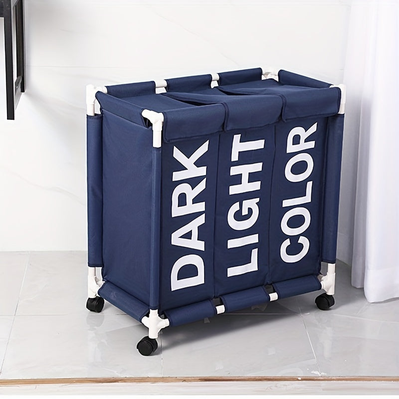 Large Waterproof Laundry Basket with 3 Compartments on Wheels for Home Organization