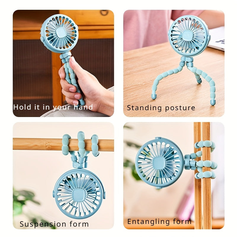 Mini Portable Fan with 3 Speeds Rechargeable Battery Adjustable Hanger Stand for Stroller Outdoor Table