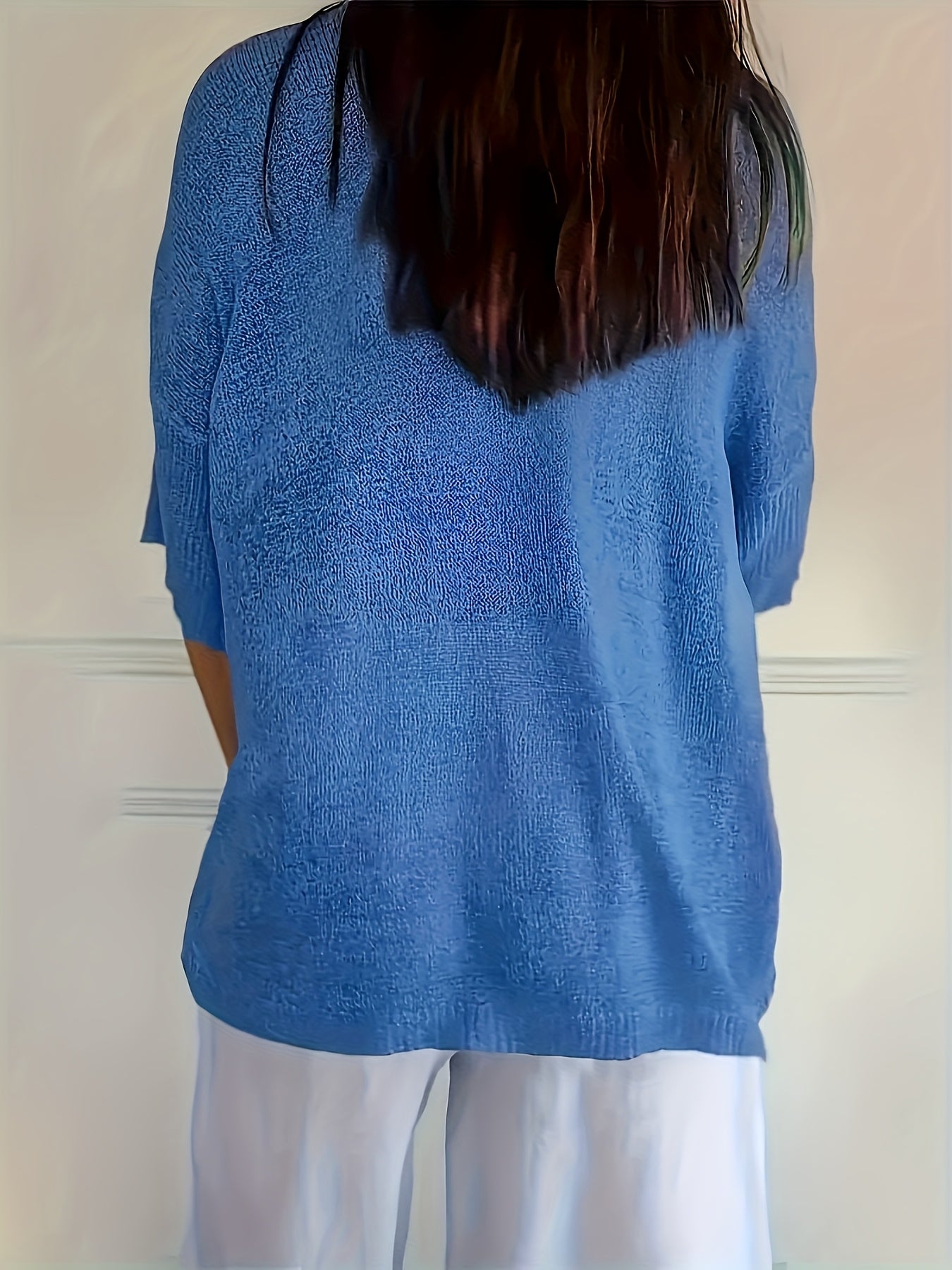 Women’s Plus Size V-Neck Knit Top Soft Blue Ribbed Oversized Pullover