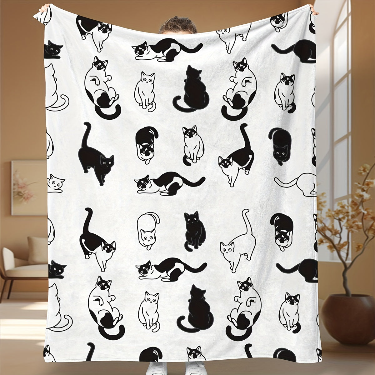 Fleece Throw Blanket with Cartoon Kitty Print Soft Cozy All-Season Home Office Travel