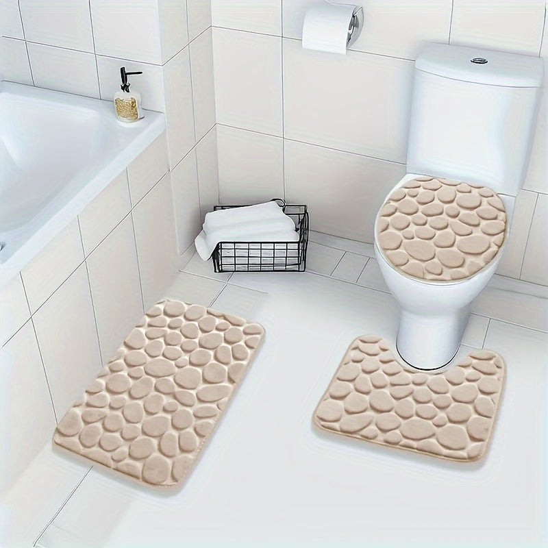 Set of 3 Geometric Bath Rugs with Memory Foam Non-Slip Bathroom Mats