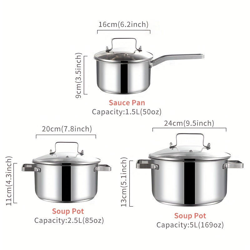 Set of 6 Stainless Steel Cooking Pots with Glass Lids Induction Electric Gas Safe Dishwasher Safe