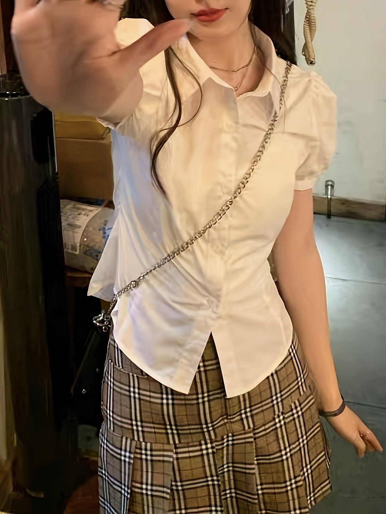 Women's White Polyester Blouse with Tie-Waist and Short Lantern Sleeves for Casual Wear