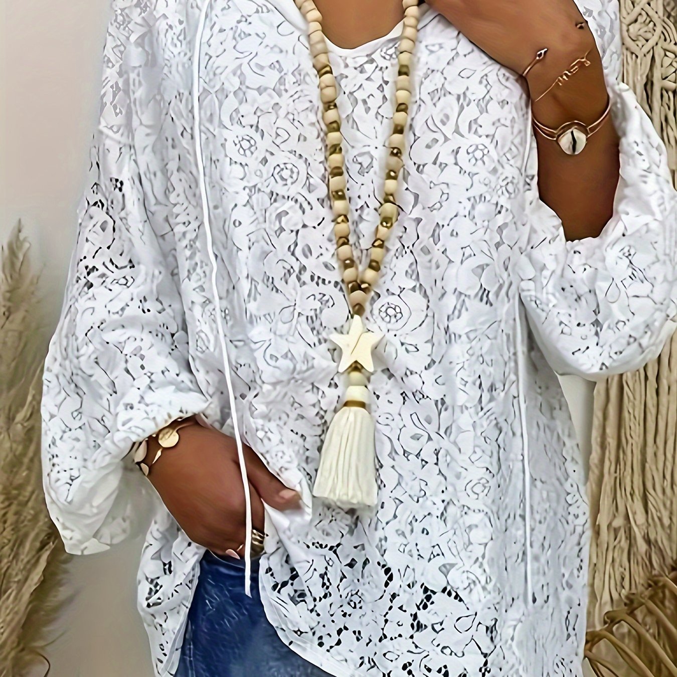 Plus Size White V-Neck Long Sleeve Knit Top with Floral Cut-Out Design for Summer
