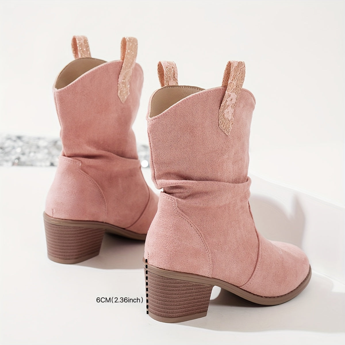 Women's Pink Knit Embroidered Slip-On Western Boots with Chunky Heels