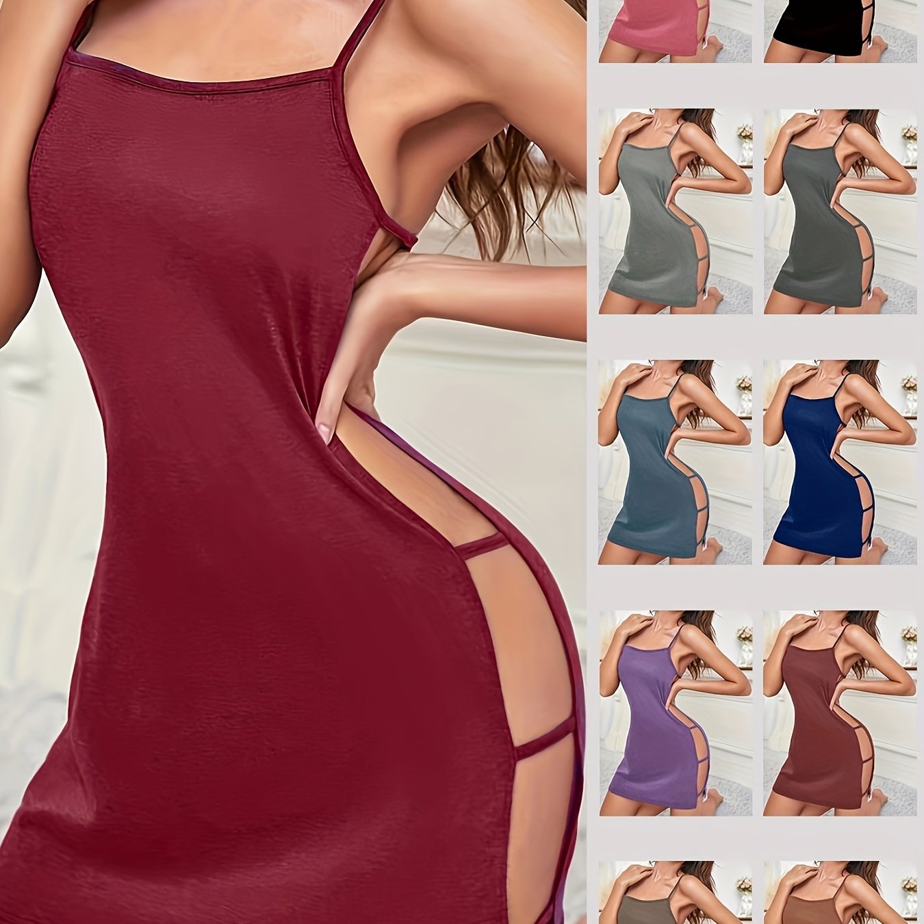 Women's Nightgown with Backless Round Neck Side Cutouts Satin Sleepwear Sexy Slip All-Season