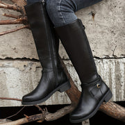 Women's Black Knee-High Riding Boots with Zipper Pointed Toe Low Heel