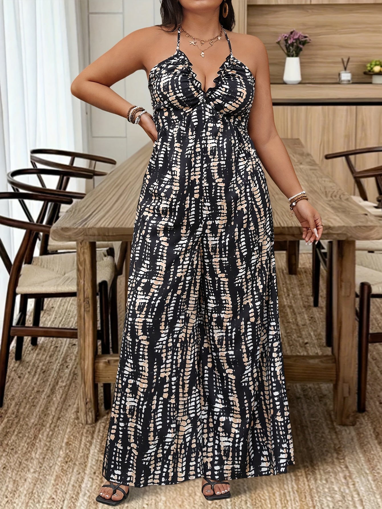 Plus Size Women's V-Neck Ruffled Sleeveless Jumpsuit Black White Herringbone