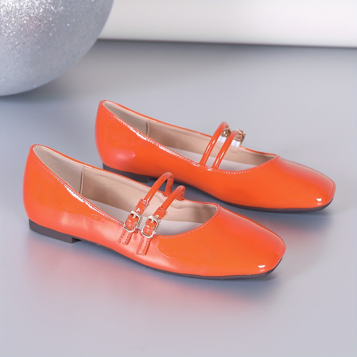 Women's Square Toe Flat Shoes Solid Color Double Buckle Flats