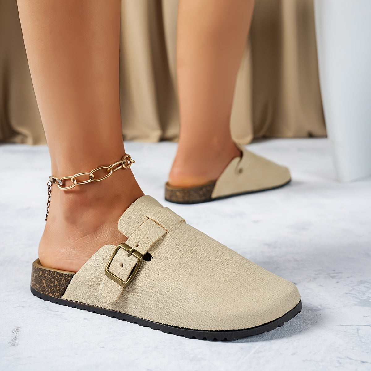 Women TPU Mule Shoes with Golden Chain Ankle Strap Beige Open-Toe Platform