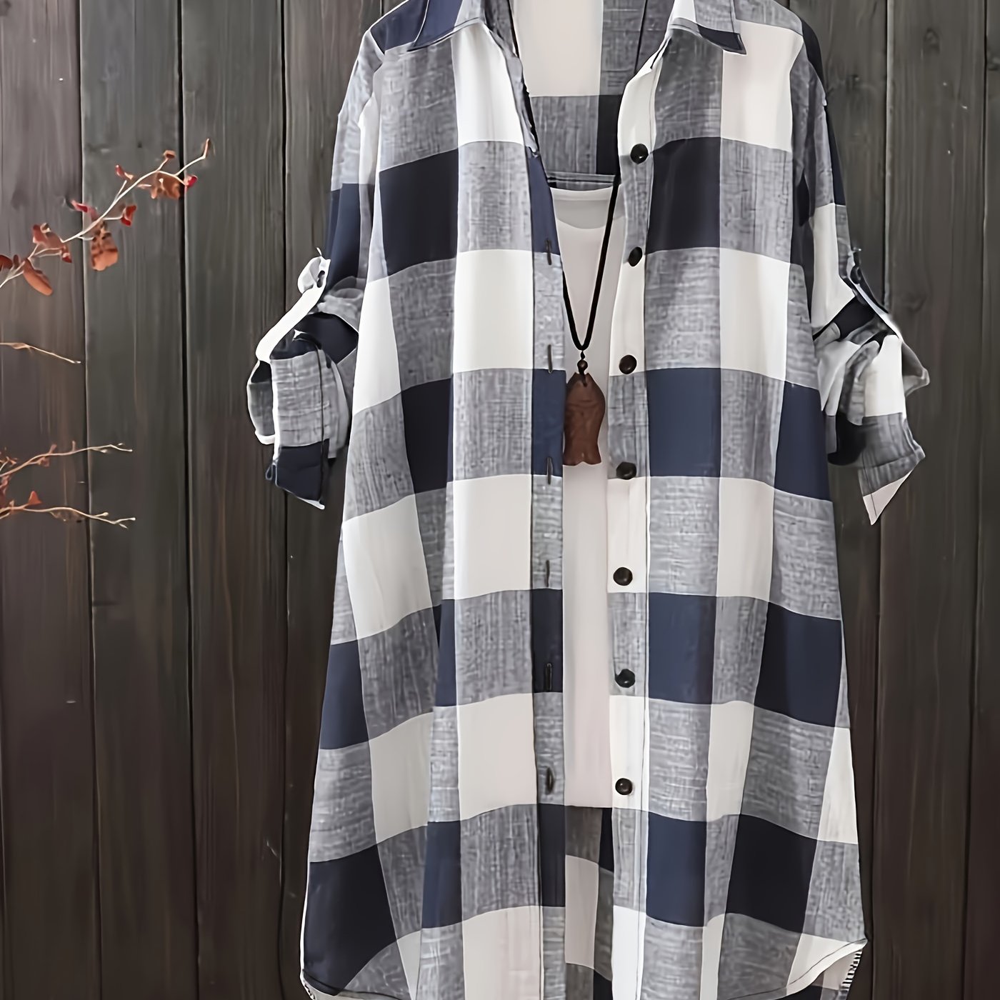 Plus Size Women's Casual Checkered Shirt Longline Button-Up Navy White Grid